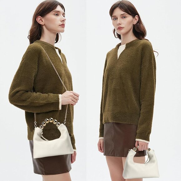 ⚡ Women's Top Handle Chain Pearl Strap Leather Crossbody Tote White Bag - Picture 2 of 7